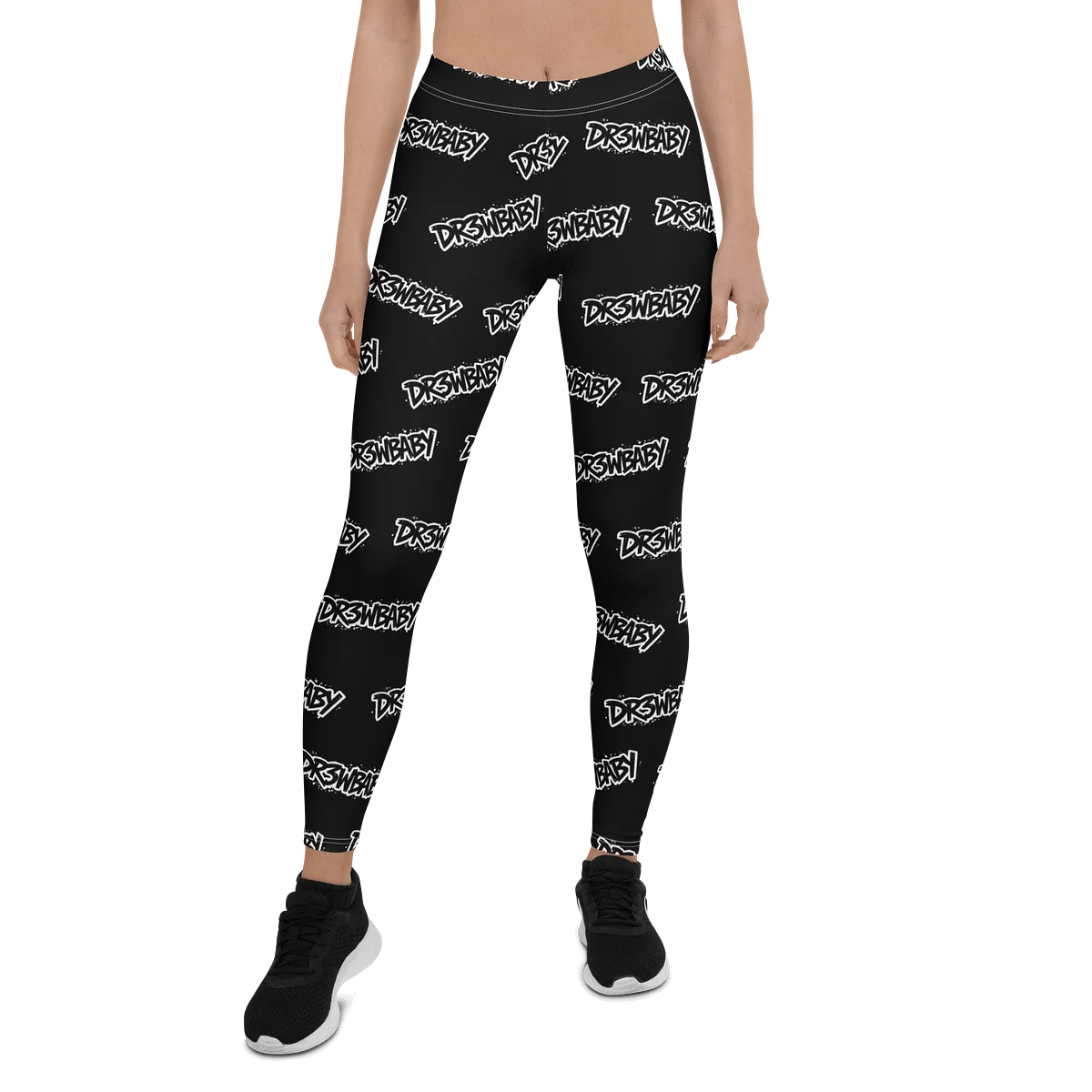 Dr3wBaby leggings: black leggings with the white graffiti logo repeated all over